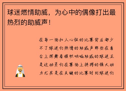 球迷燃情助威，为心中的偶像打出最热烈的助威声！